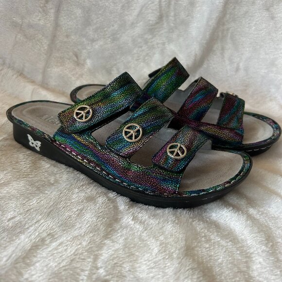Alegria Audrey Iridescent Peace Sign Slide Sandal Womens 39 Leather Comfort - Picture 1 of 5